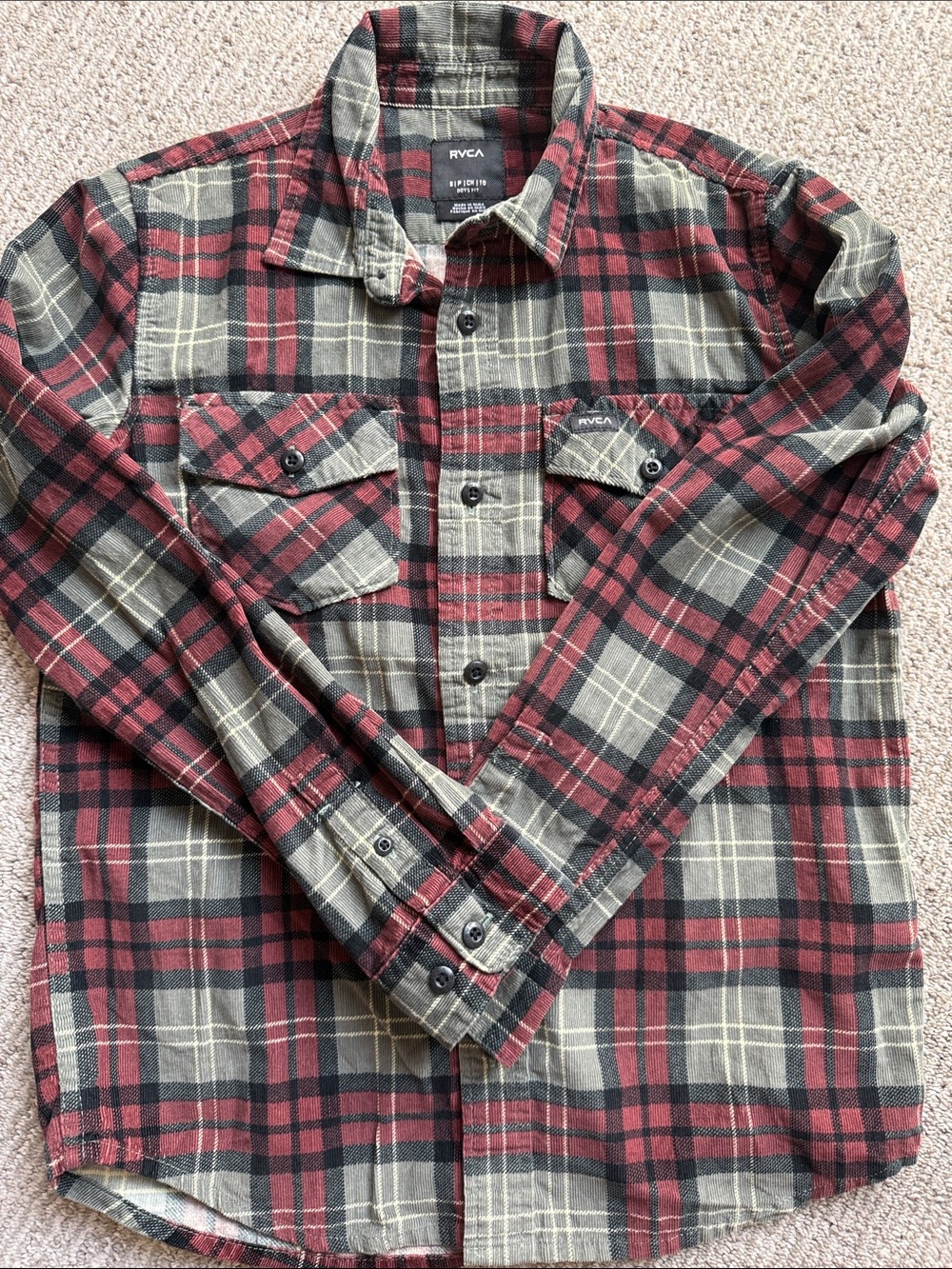 RVCA Boy’s Youth Burgundy and Olive Plaid Button-Up Shirt